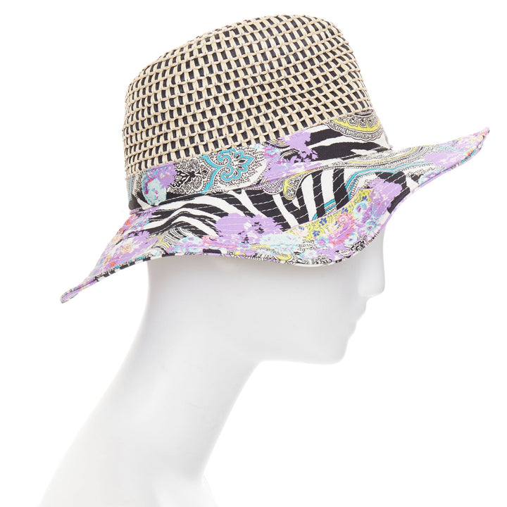 ETRO purple cotton blend paisley print beige raffia jute floppy hat S