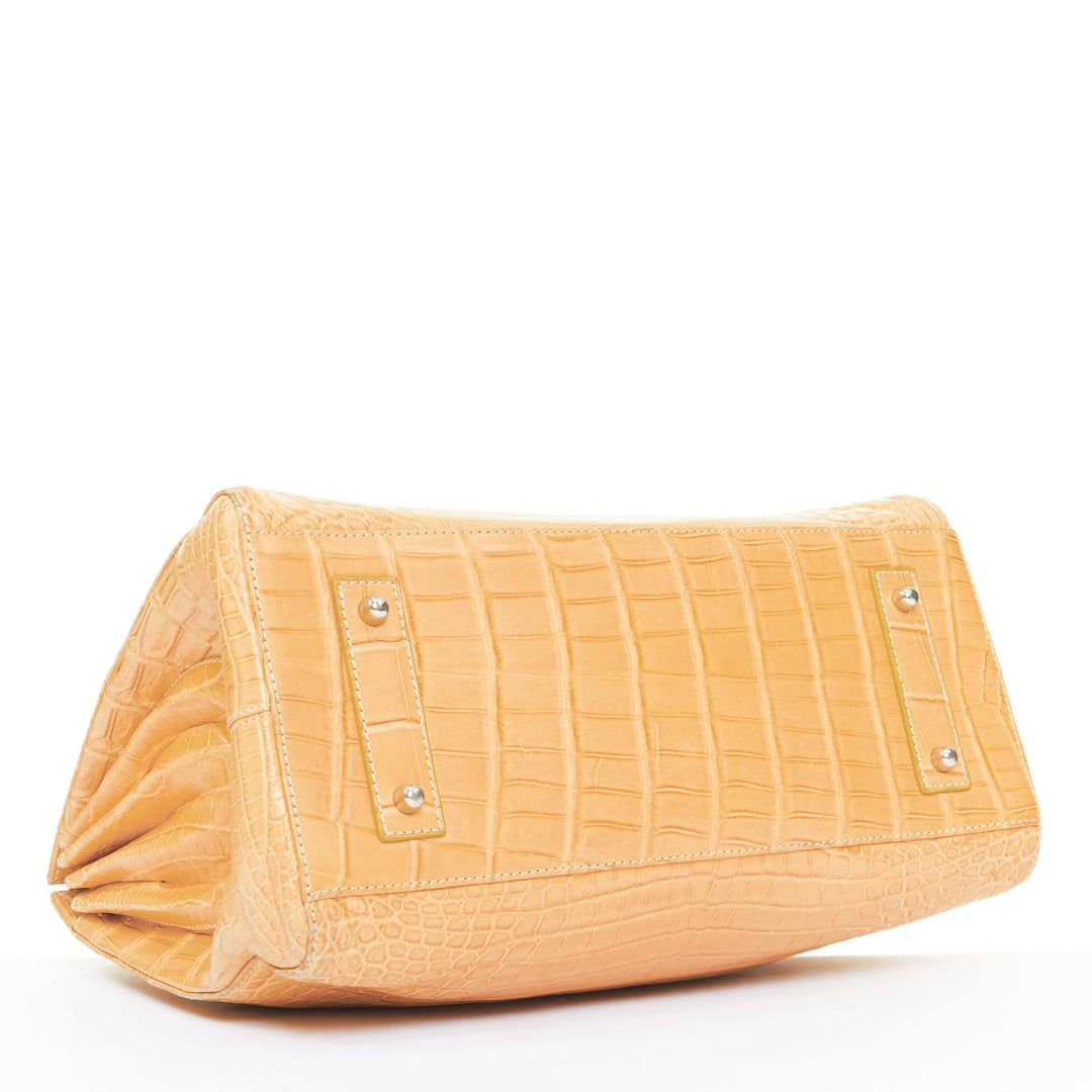 KWANPEN beige croc leather silver turnlock top handle executive tote bag