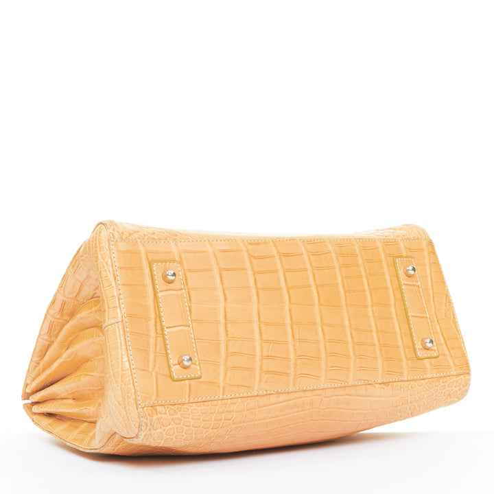 KWANPEN beige croc leather silver turnlock top handle executive tote bag