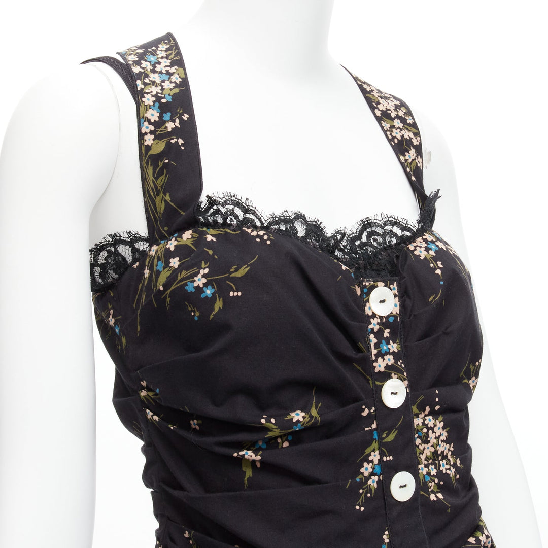 DOLCE GABBANA black floral print cross back lace trim corset top IT42 M