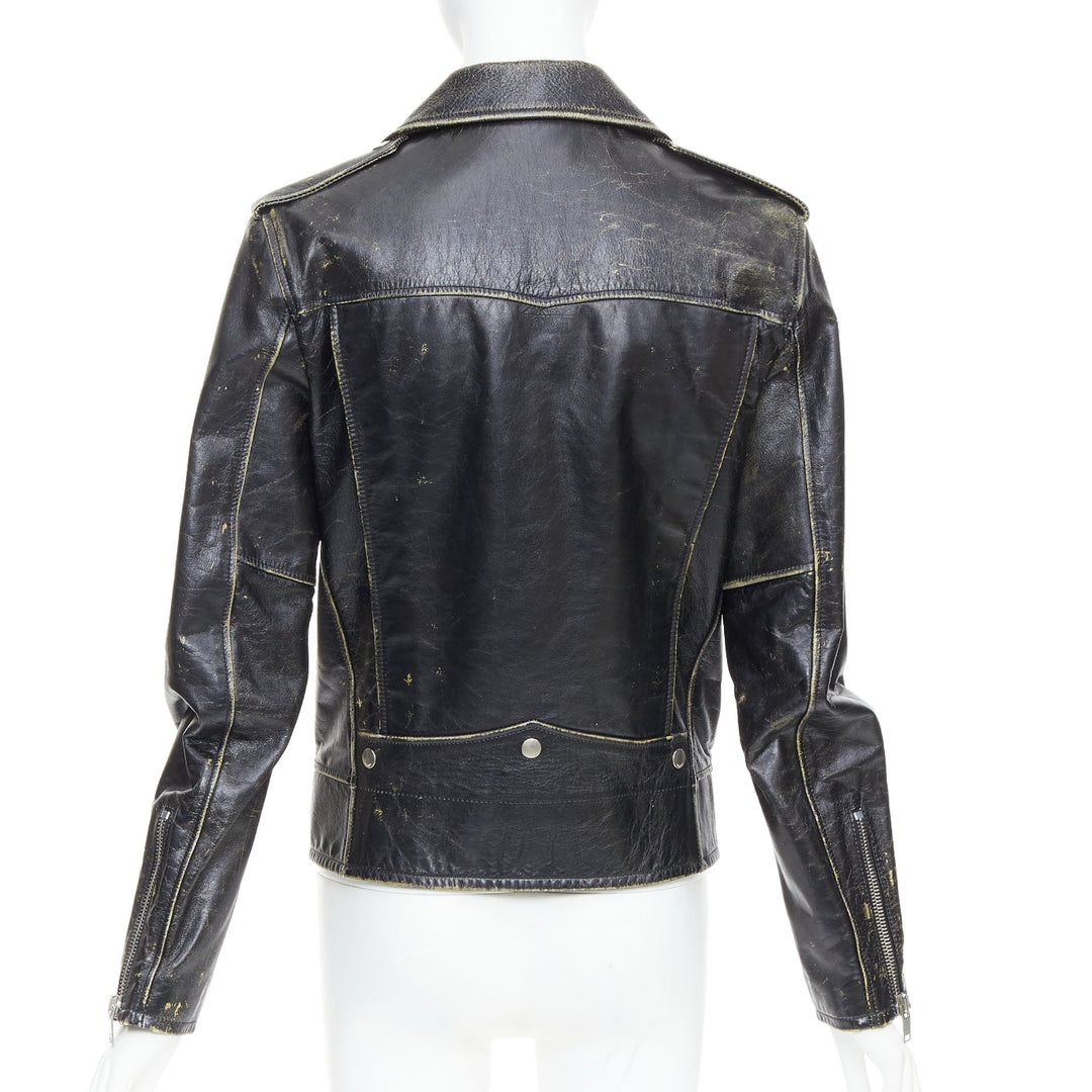 SAINT LAURENT 2015 black calfskin distressed classic biker jacket FR46 S