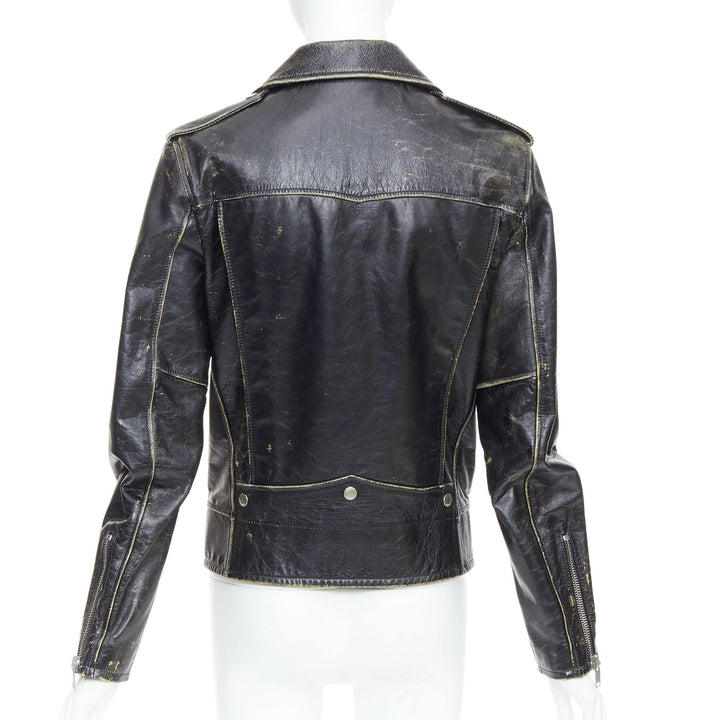 SAINT LAURENT 2015 black calfskin distressed classic biker jacket FR46 S