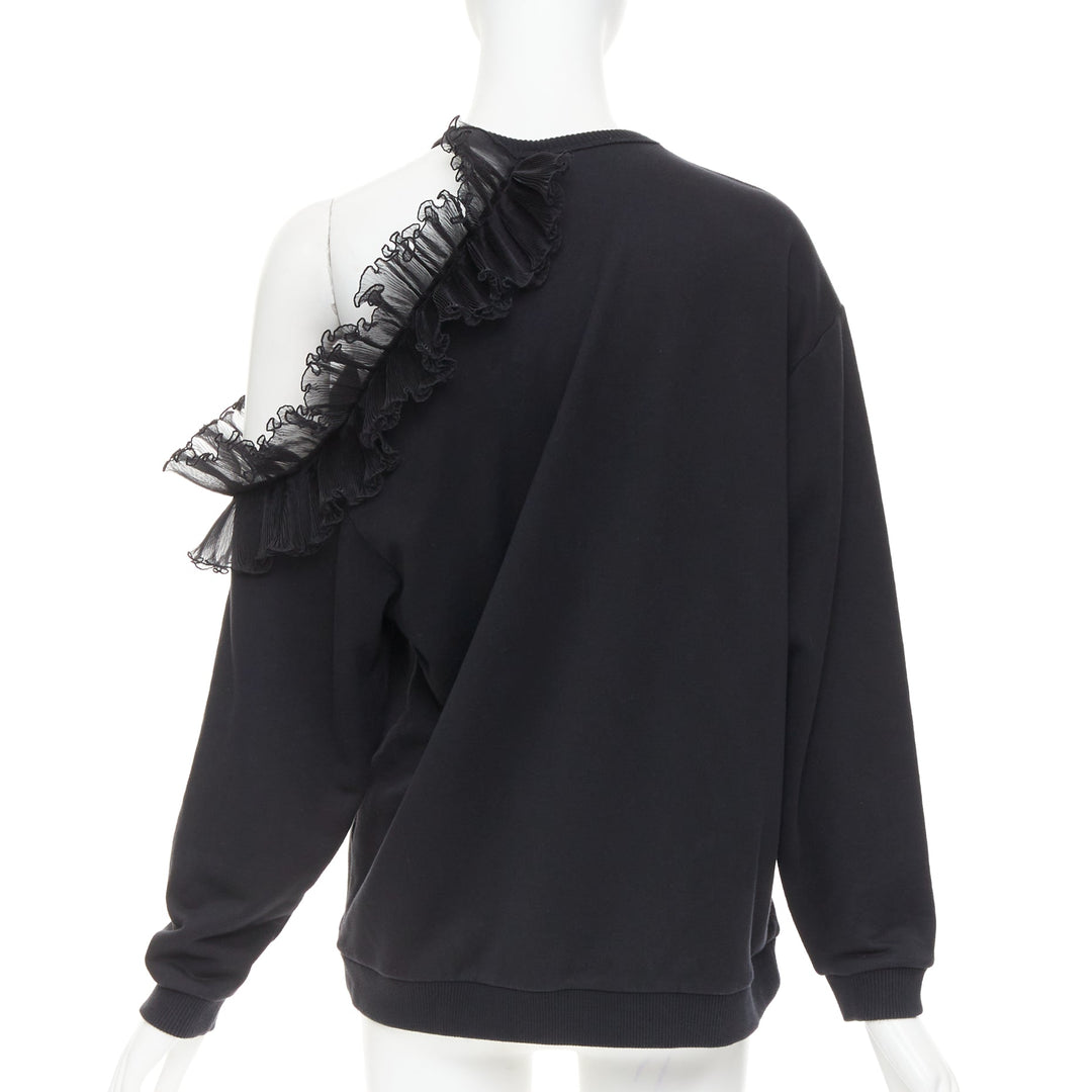CHRISTOPHER KANE black cotton ruffle frill cut out shoulder studded sweatshirt S