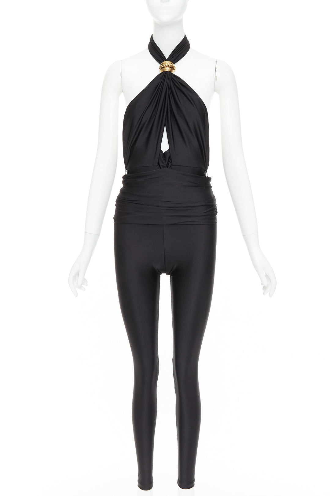 SAINT LAURENT 2022 Runway black gold metal brooch halter cutout jumpsuit Sz.1 XS