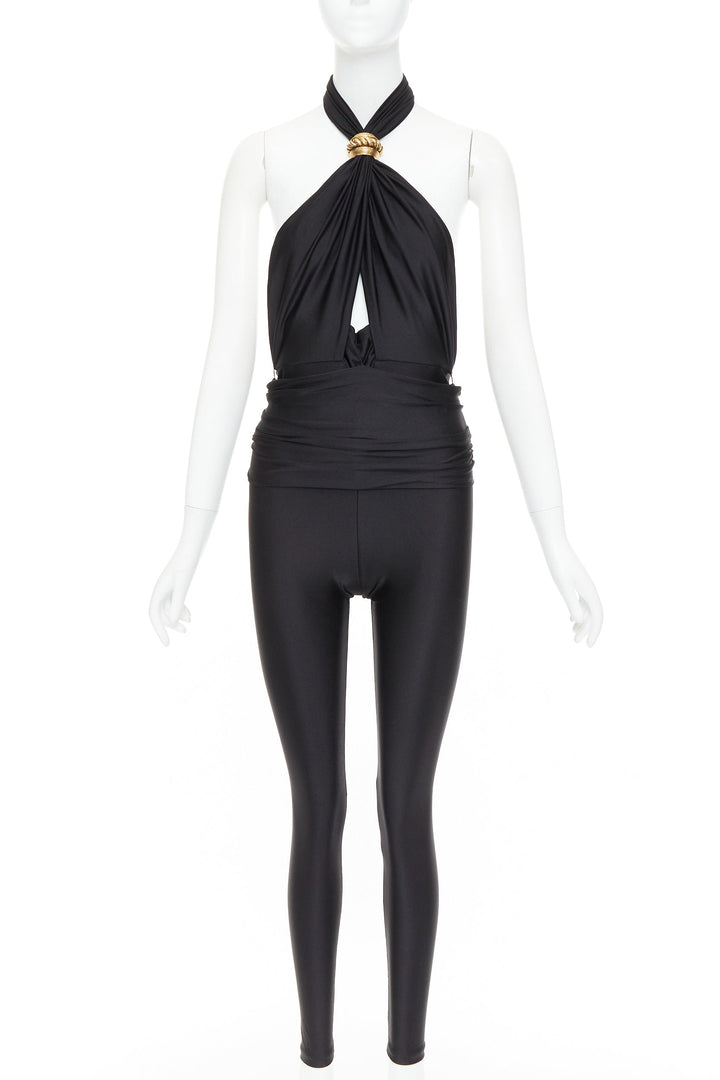 SAINT LAURENT 2022 Runway black gold metal brooch halter cutout jumpsuit Sz1 XS