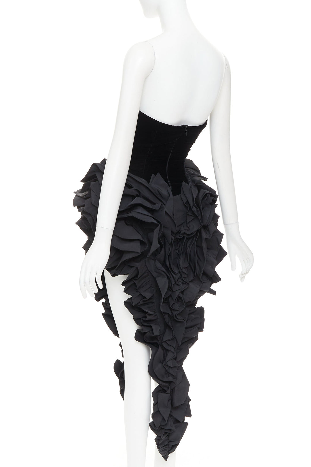 rare ALEXANDRE VAUTHIER COUTURE black velvet taffeta ruffle slit bodysuit dress