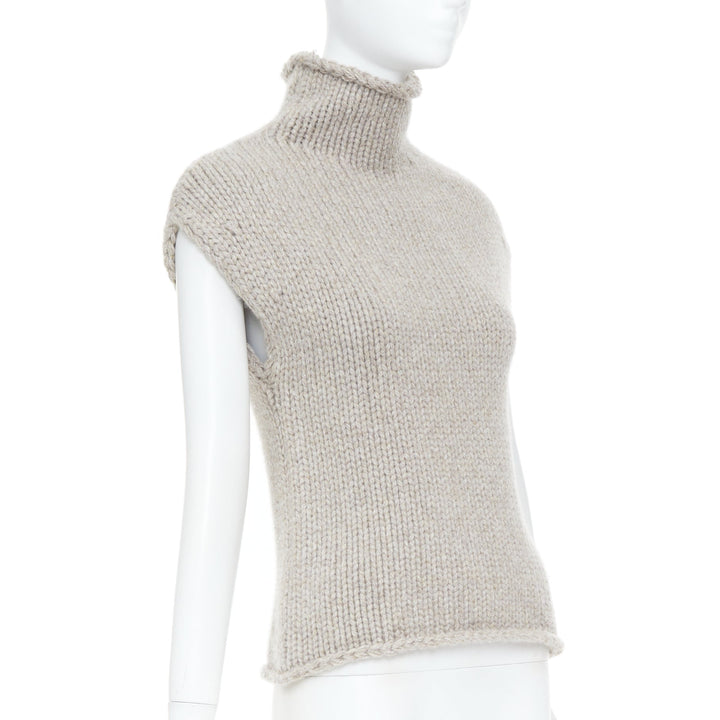 KHAITE taupe beige heavy wool cashmere chunky knit turtleneck sweater vest XS