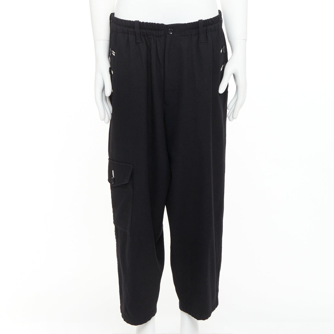 YOHJI YAMAMOTO black wool white cotton trim buttons wide leg pants JP3 L