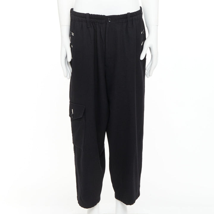 YOHJI YAMAMOTO black wool white cotton trim buttons wide leg pants JP3 L
