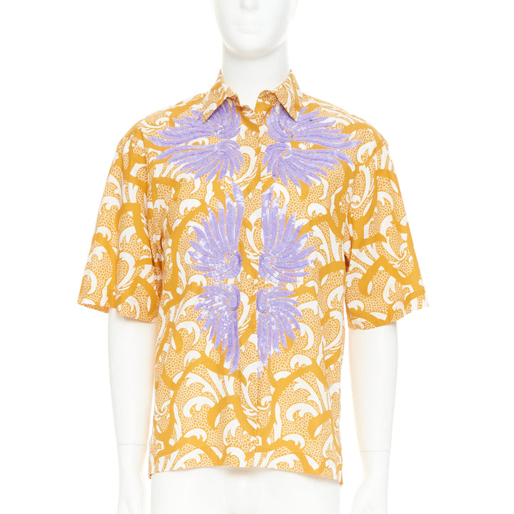 DRIES VAN NOTEN yellow lilac sequin embroidered short sleeve bowling shirt S