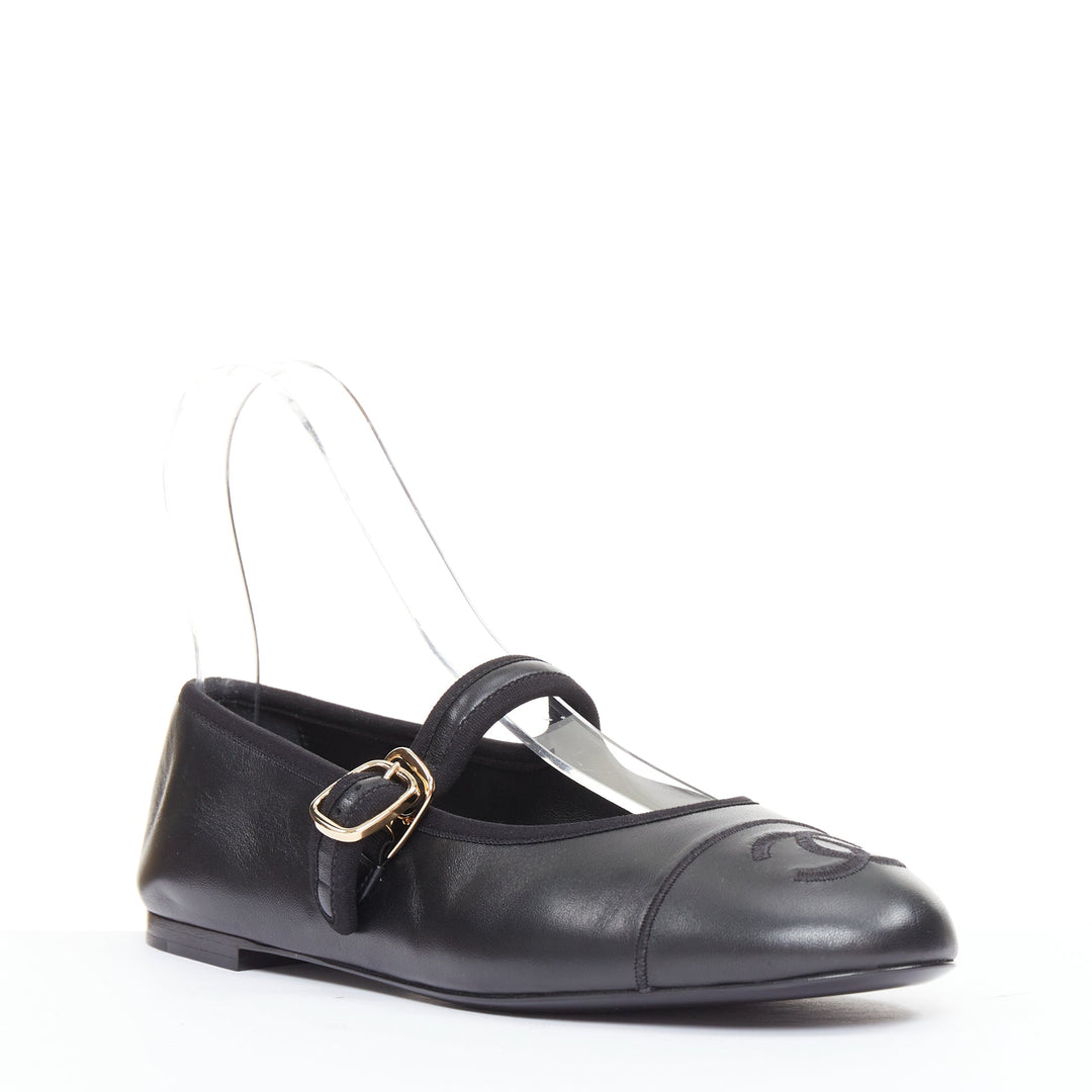 CHANEL 2024 black soft lambskin leather stitched CC cap toe mary jane flats EU39
