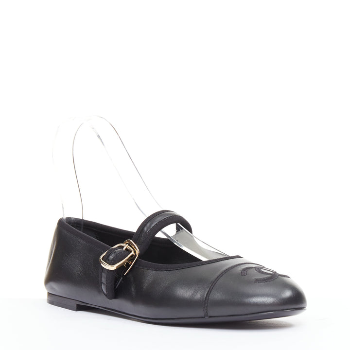 CHANEL 2024 black soft lambskin leather stitched CC cap toe mary jane flats EU39