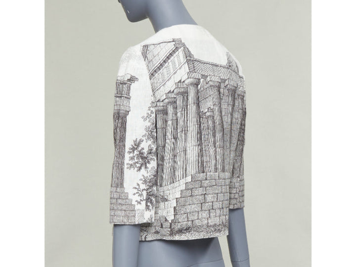 DOLCE GABBANA 2014 cream linen grey Greek Temple printed flax crop jacket IT40 S