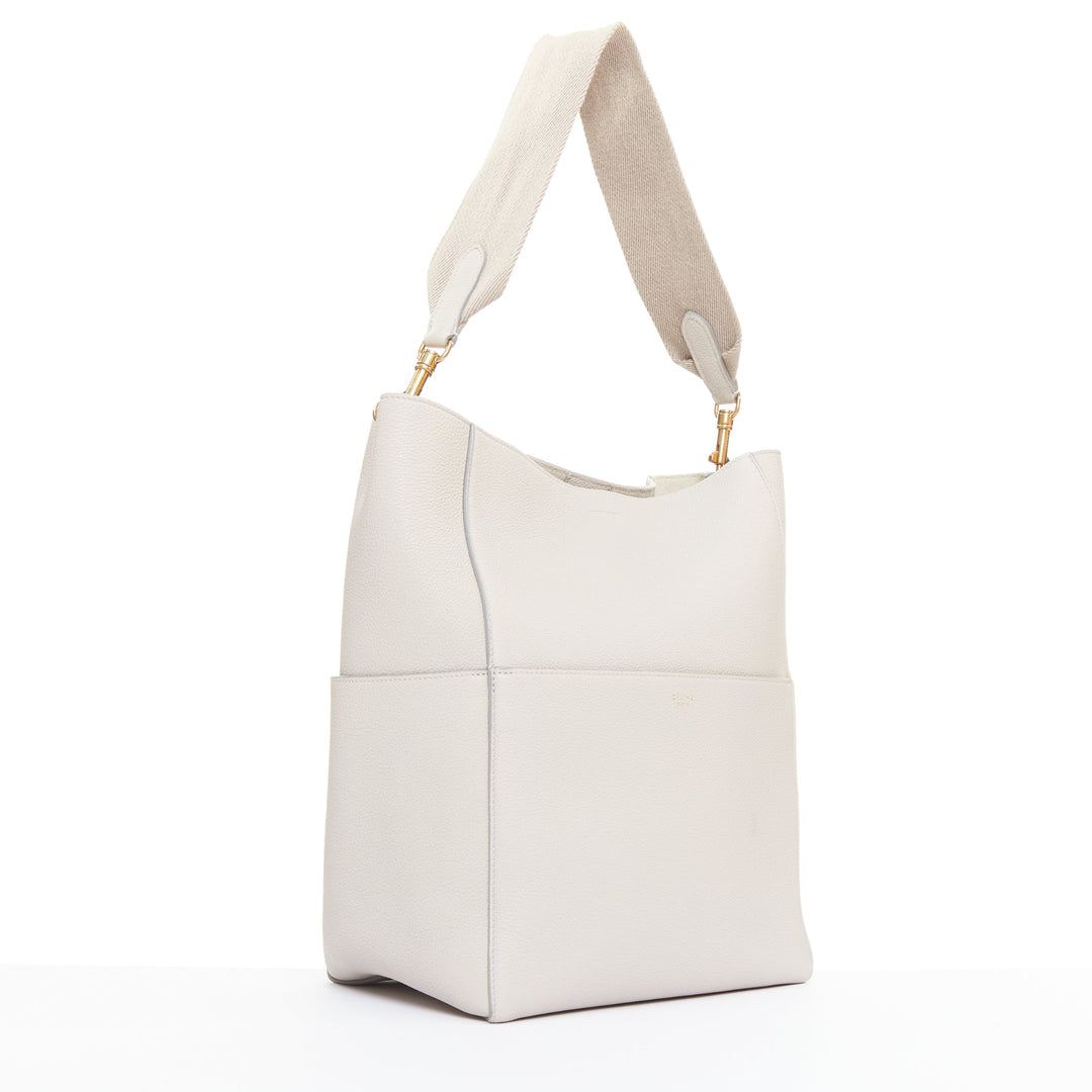 OLD CELINE Seau Sangle off white grey calfskin wool canvas strap bucket bag