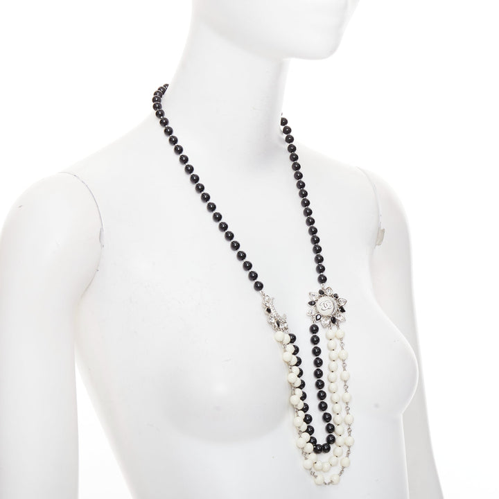 CHANEL C23C crystal CC logo sun moon black white beads long necklace