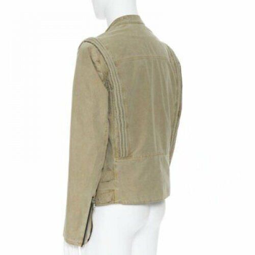 BALMAIN beige khaki washed gridwork cotton asymmetric zip biker jacket L