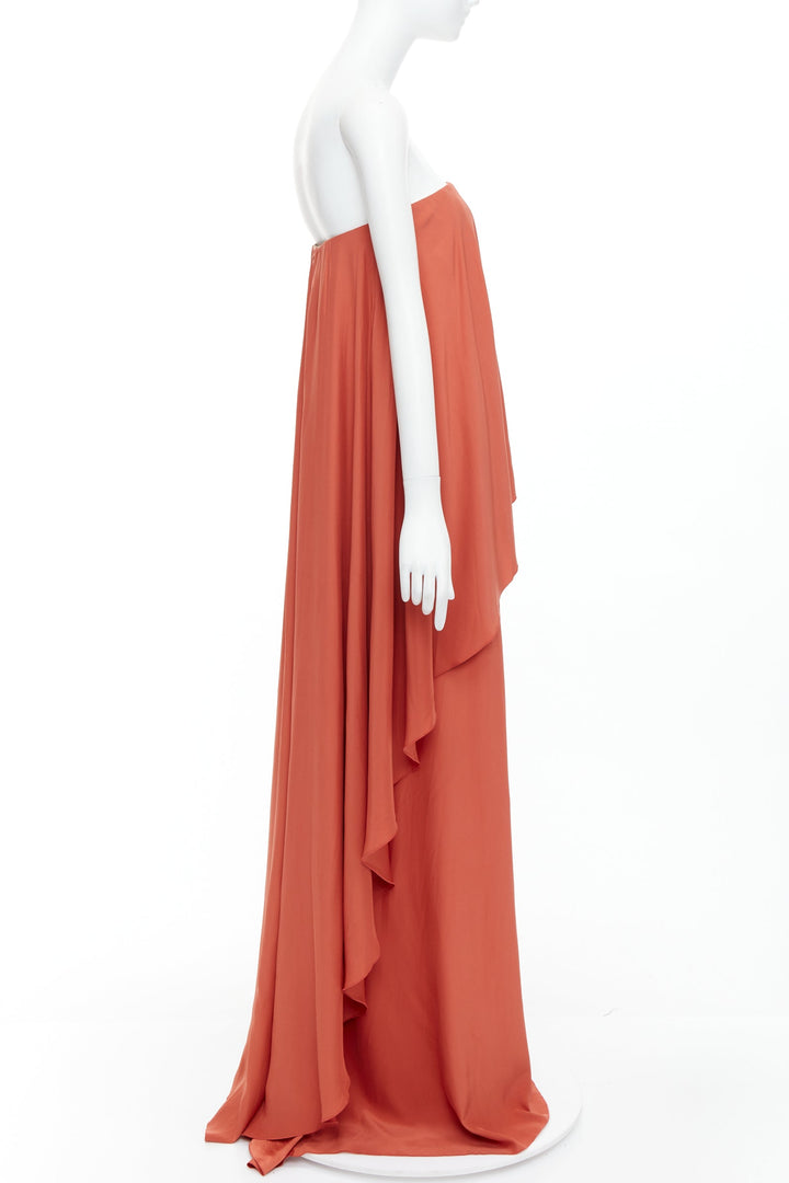 LANVIN 2015 100% silk burnt orange strapless tiered column maxi gown FR36 S