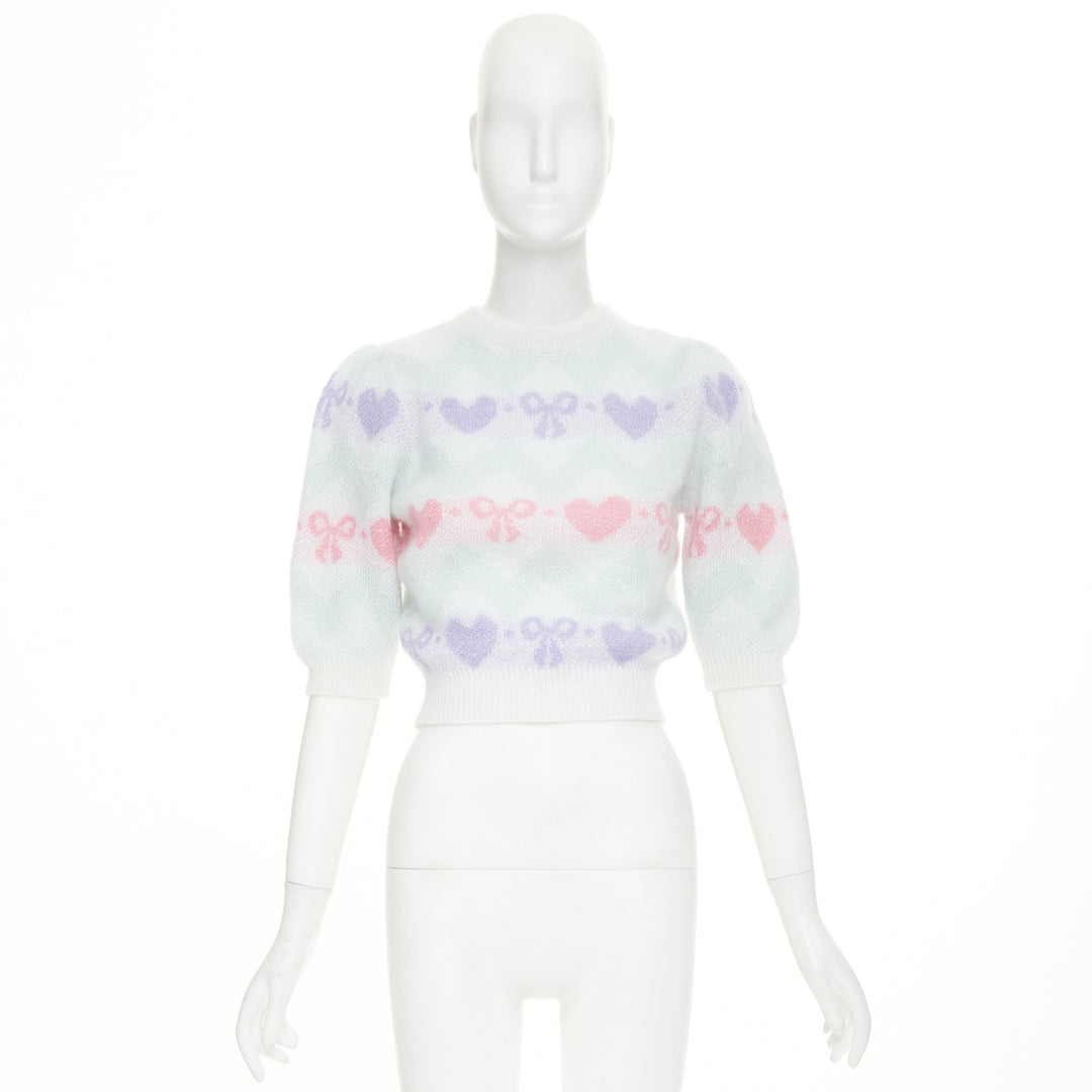 ALESSANDRA RICH Pastel hearts bows jacquard metallic mohair blend top IT38 XS