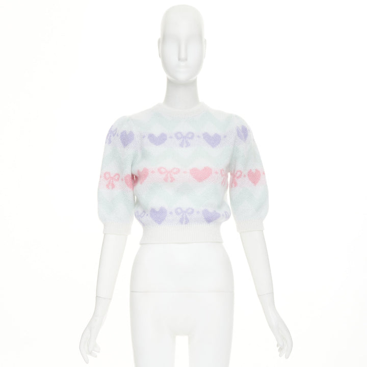 ALESSANDRA RICH Pastel hearts bows jacquard metallic mohair blend top IT38 XS
