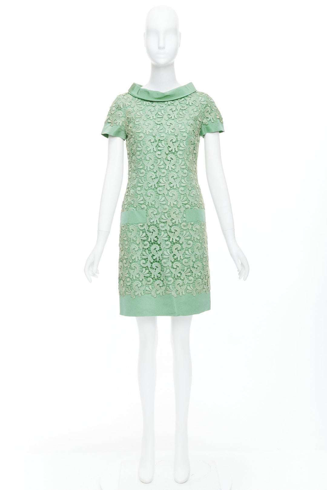 OSCAR DE LA RENTA S12 100%  green cotton lace silk stand collar dress US0 XS