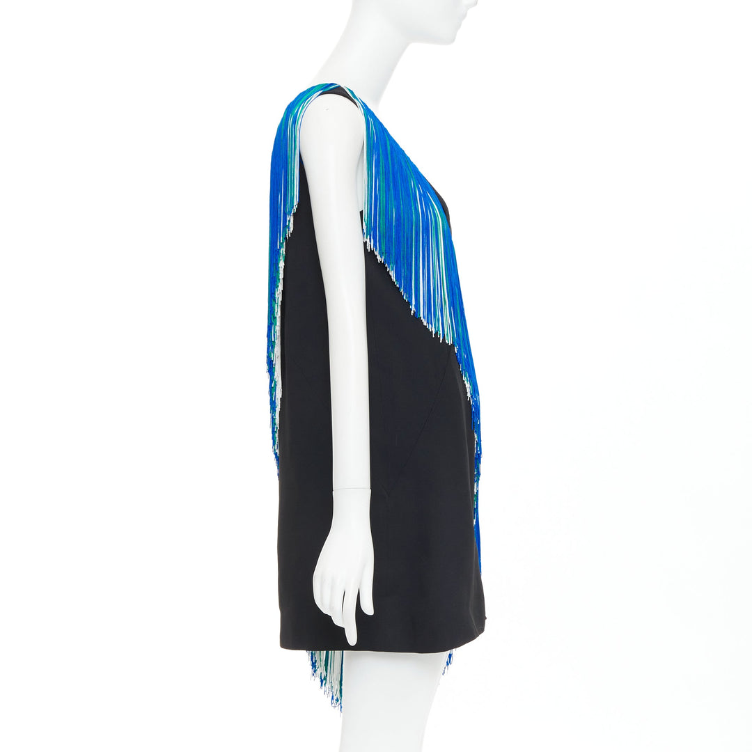 CHRISTOPHER KANE 2016 Runway Asymmetric Fringing Strip blue fringe dress UK8 S
