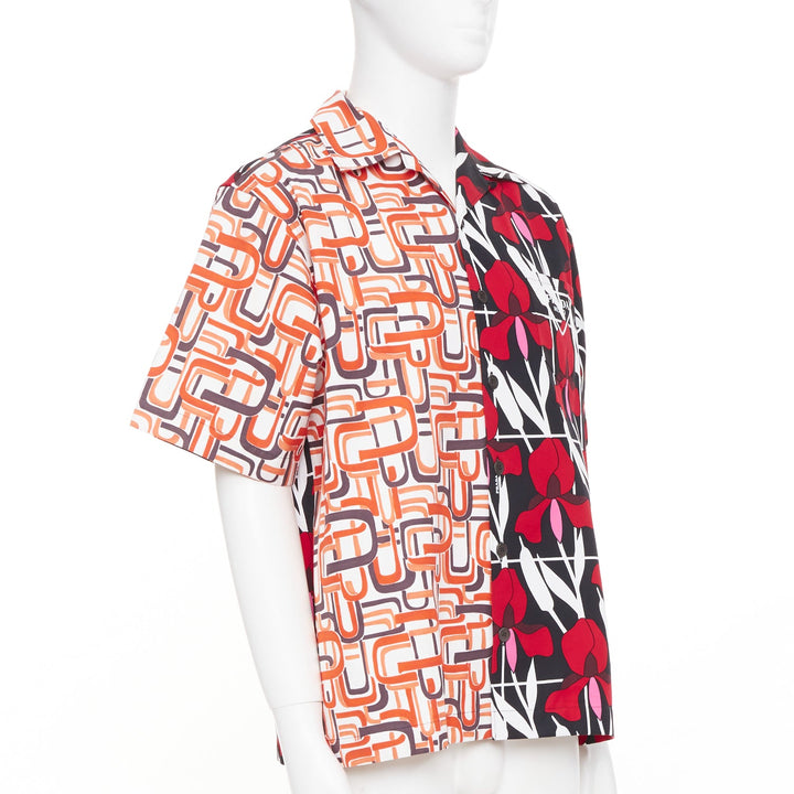 PRADA 2021 Runway Double Match geometric iris red floral split bowling shirt M