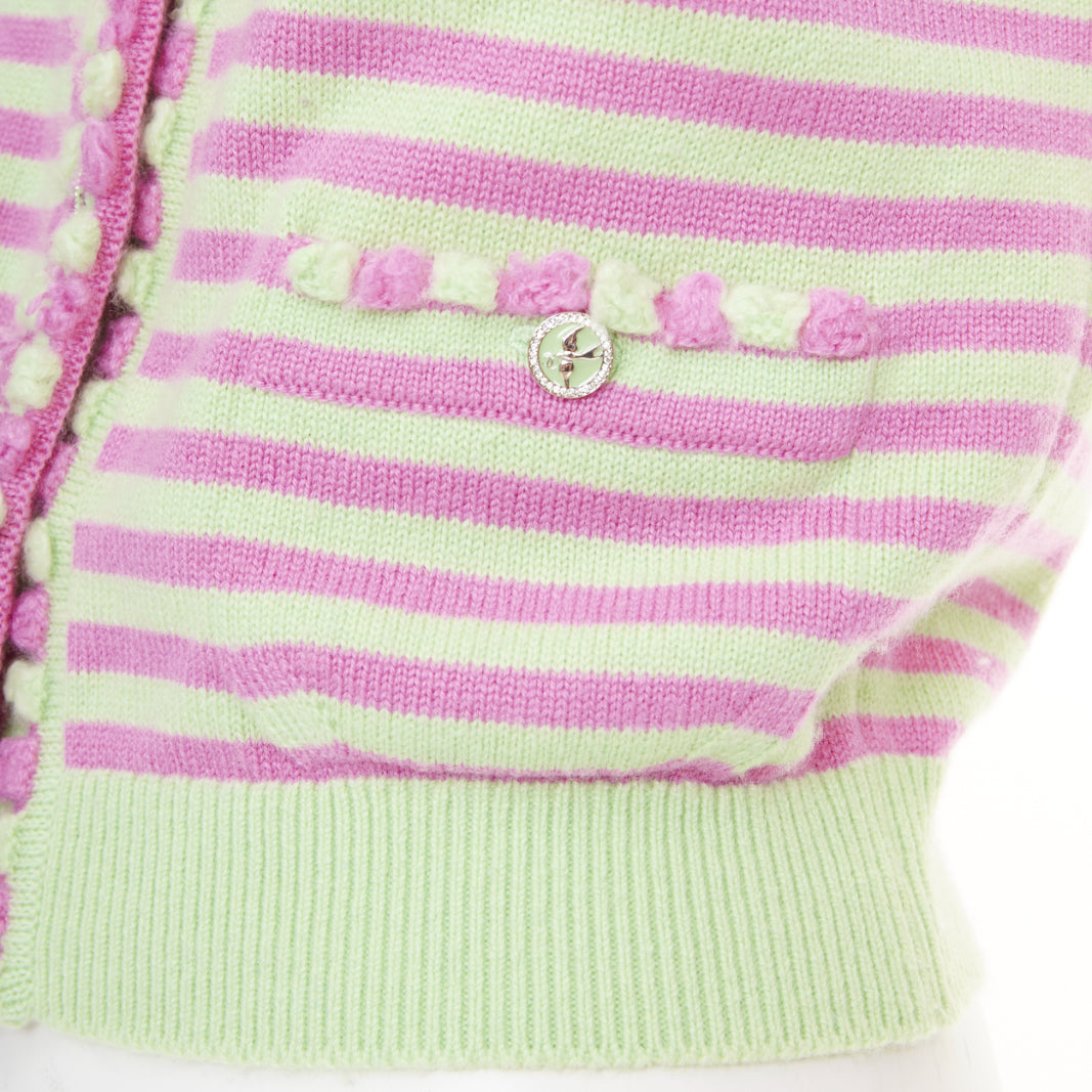 CHANEL 2025 Runway cashmere pink green striped swallow crystal cardigan FR36