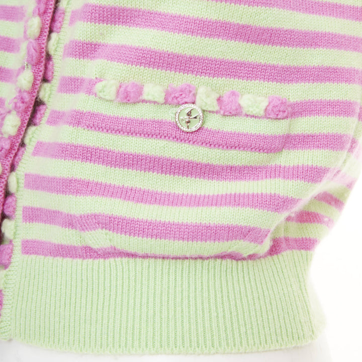 CHANEL 2025 Runway cashmere pink green striped swallow crystal cardigan FR36