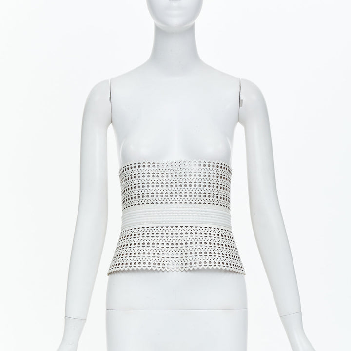 ALAIA Runway Le Corset Vienne laser cut white calfskin leather belt 65cm