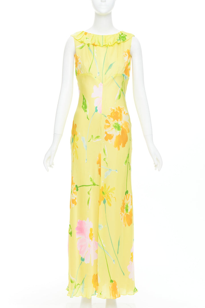 rare DONNA KARAN Vintage yellow floral print ruffle collar maxi dress