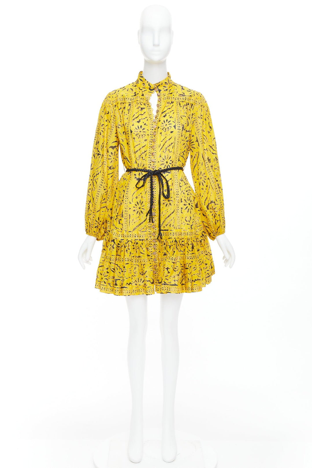 ZIMMERMANN Lulu yellow cotton ethnic print belted tiered mini dress US2 XXS