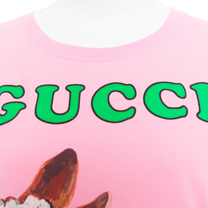 GUCCI 2018 pink cotton Fawn Bambi heart print green logo t-shirt XS