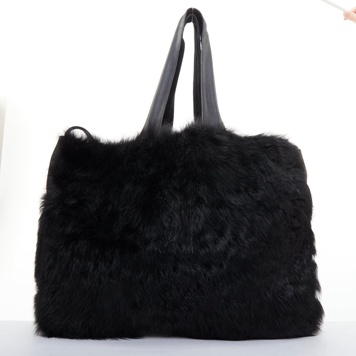PETER DO black shearling fur supple soft leather white logo shoulder tote bag