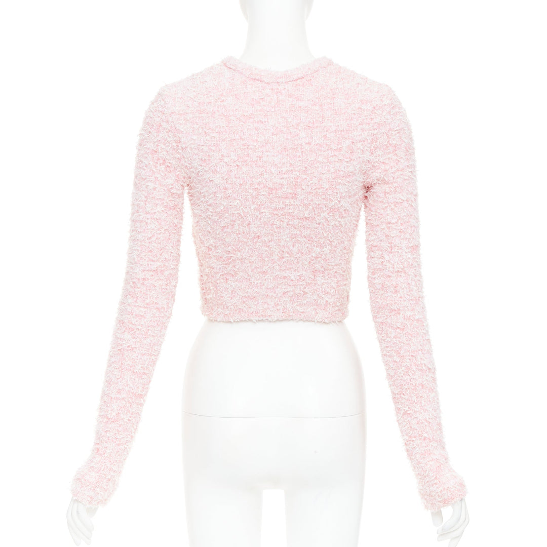 BALENCIAGA Demna 2024 pink cotton blend tweed BB logo cropped jacket XS