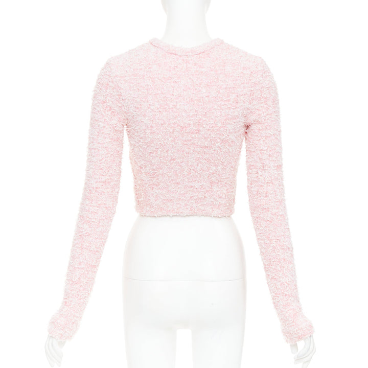 BALENCIAGA Demna 2024 pink cotton blend tweed BB logo cropped jacket XS