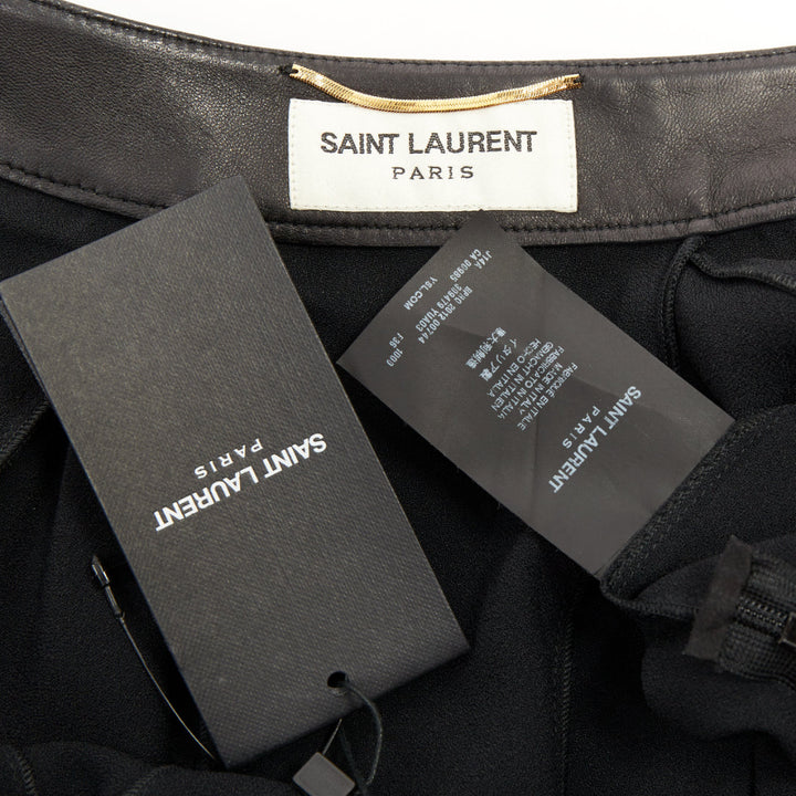 SAINT LAURENT 2012 black leather trim waist acetate mini flutter skirt FR36 S