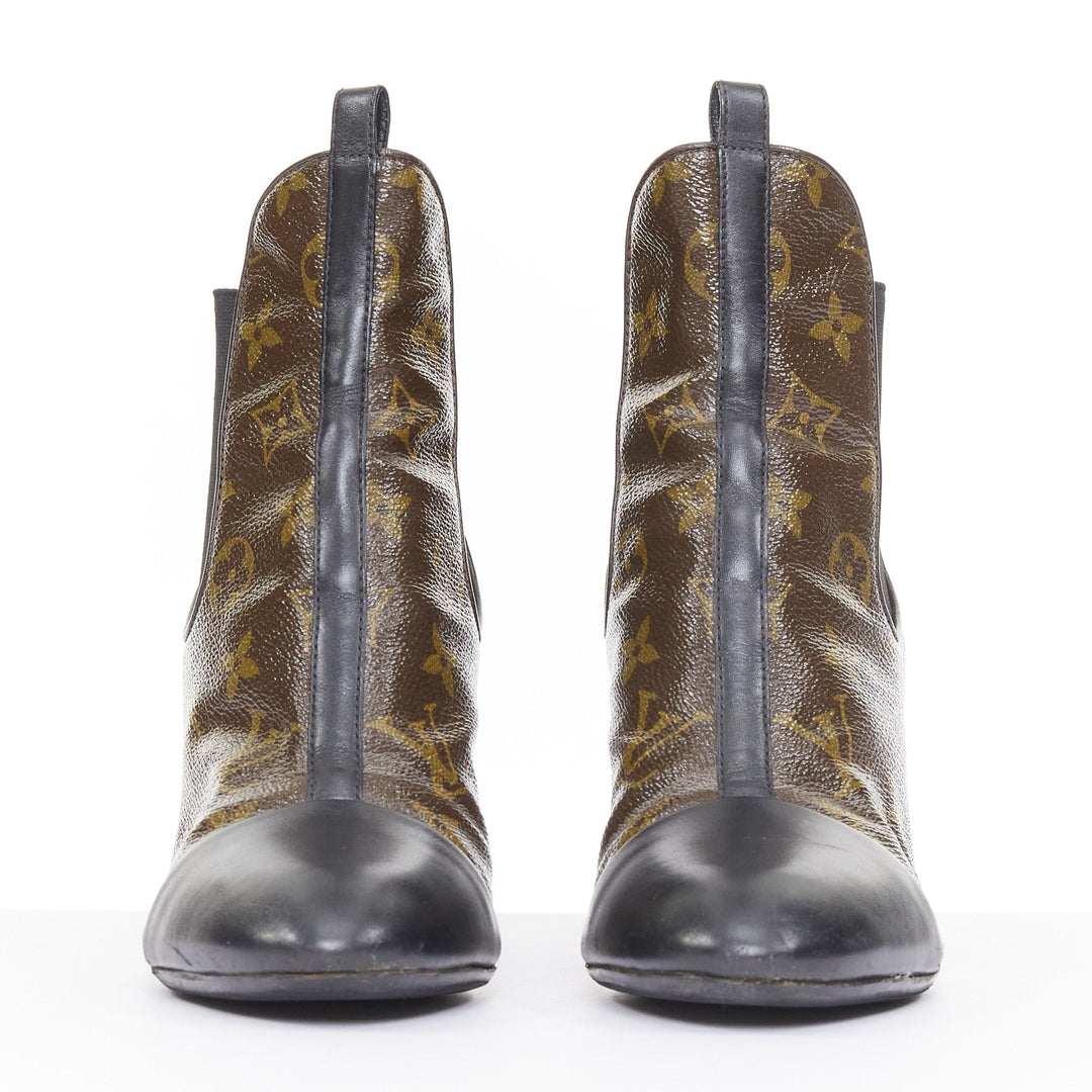 LOUIS VUITTON 2016 Revival monogram canvas patent cap toe Chelsea boots EU38 US8