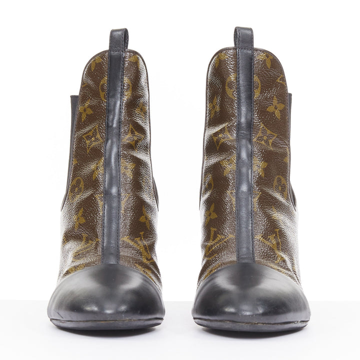 LOUIS VUITTON 2016 Revival monogram canvas patent cap toe Chelsea boots EU38 US8