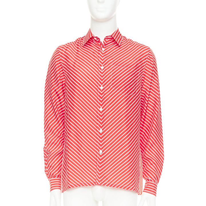 PRADA 2022  100% silk red white diagonal stripe logo back dress shirt EU39 M