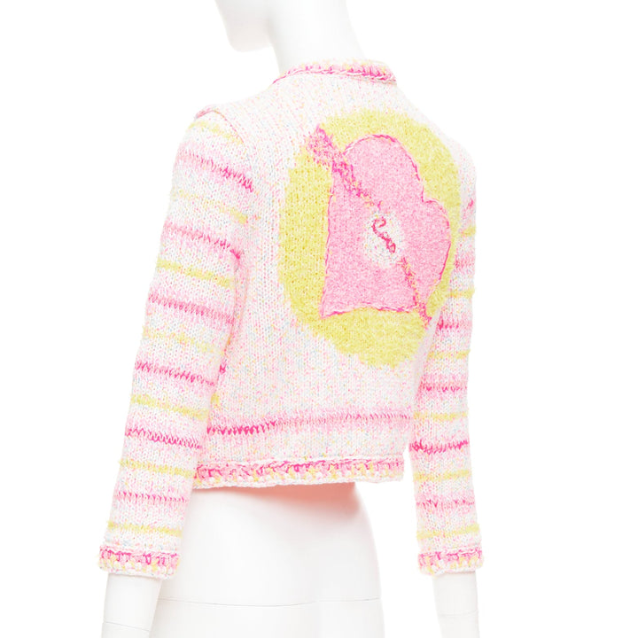 CHANEL 24C Coco Heart pink crochet tweed trim cardigan jacket FR34 XS