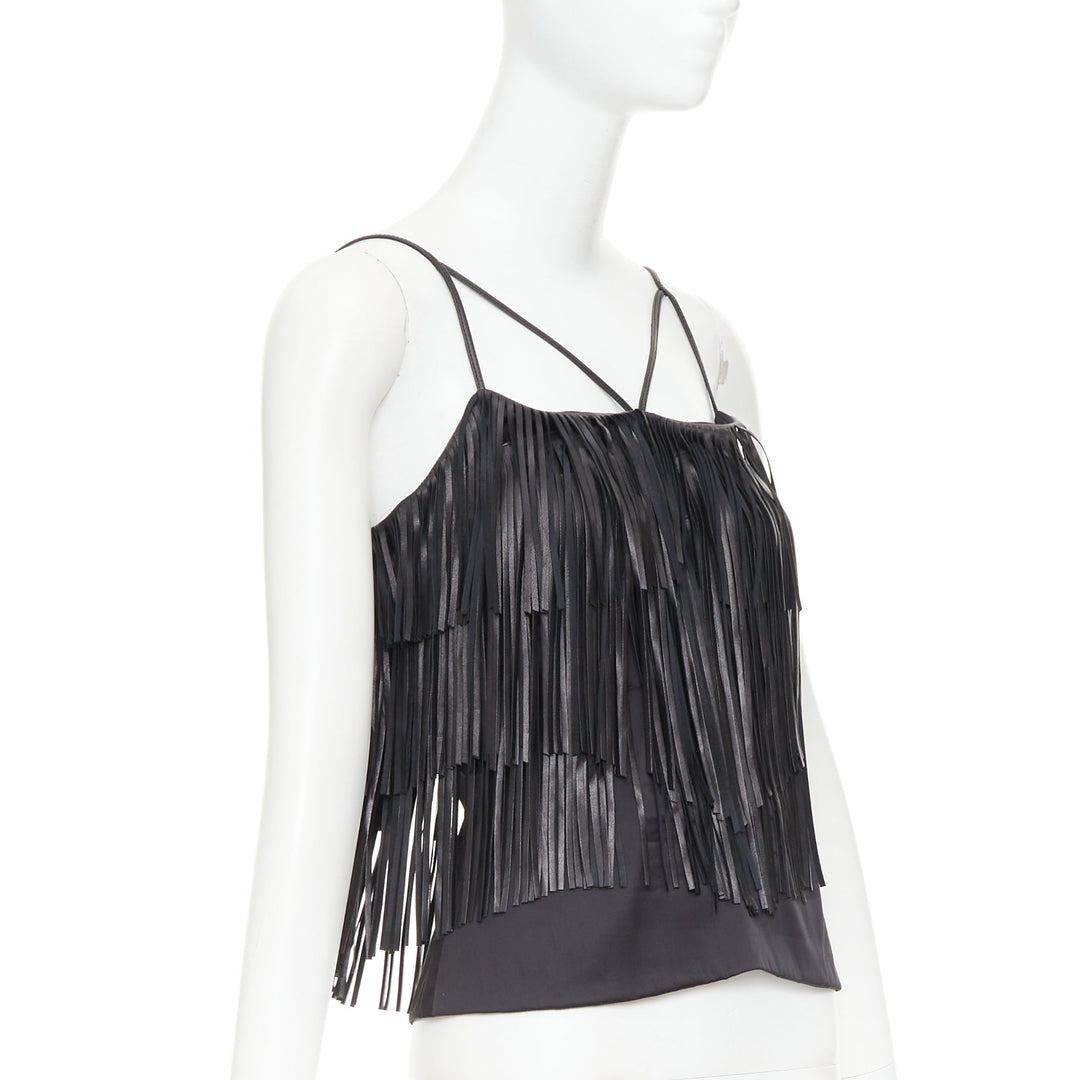 JITROIS black fringed lambskin leather silk blend lined flapper top FR38 M