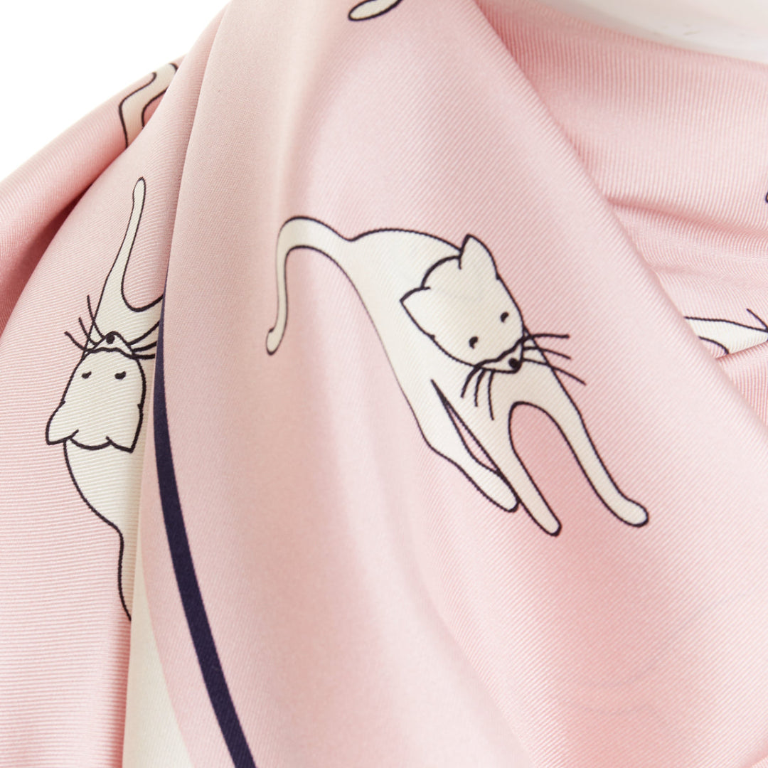 MIU MIU 2020 Whimsical Animal Cat Print silk twill light pink black  large scarf