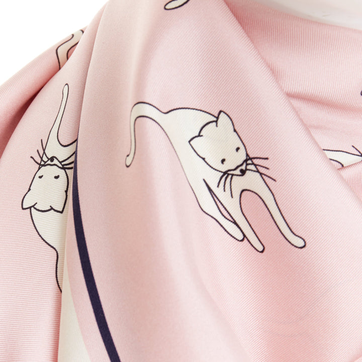 MIU MIU 2020 Whimsical Animal Cat Print silk twill light pink black  large scarf