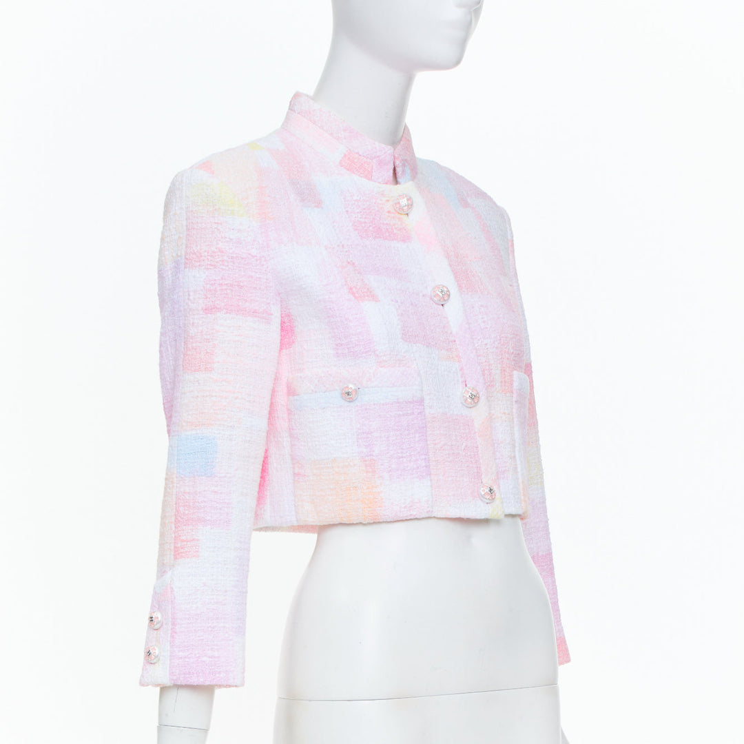 CHANEL 2023 Runway pastel pink painted check pearl button crop tweed jacket FR36