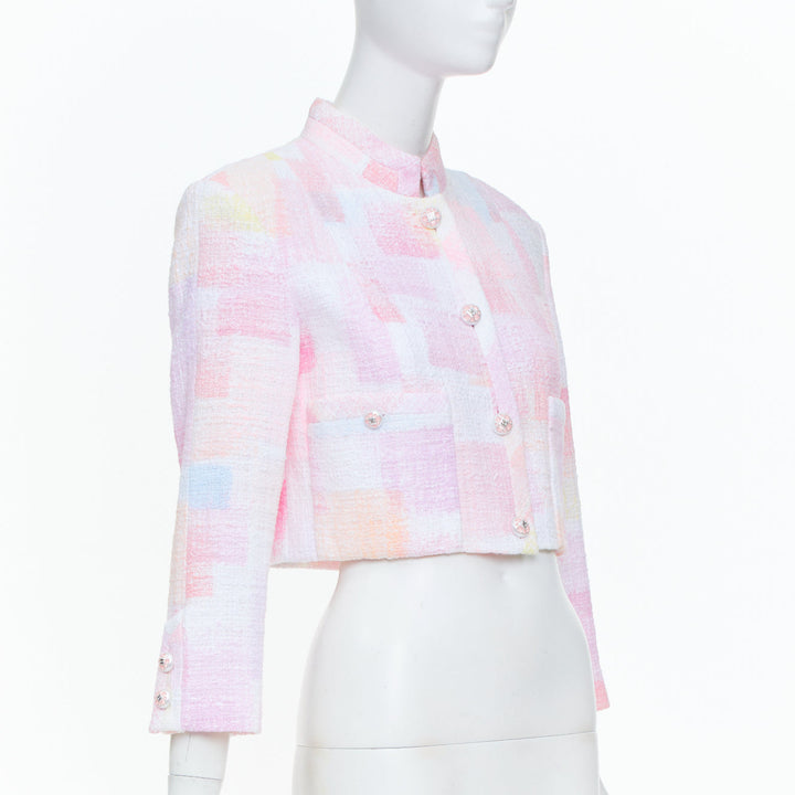 CHANEL 2023 Runway pastel pink painted check pearl button crop tweed jacket FR36