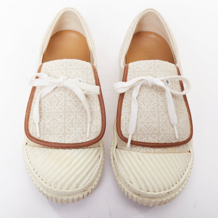 LOEWE Anagram Flap beige white jacquard leather trim sneakers EU37