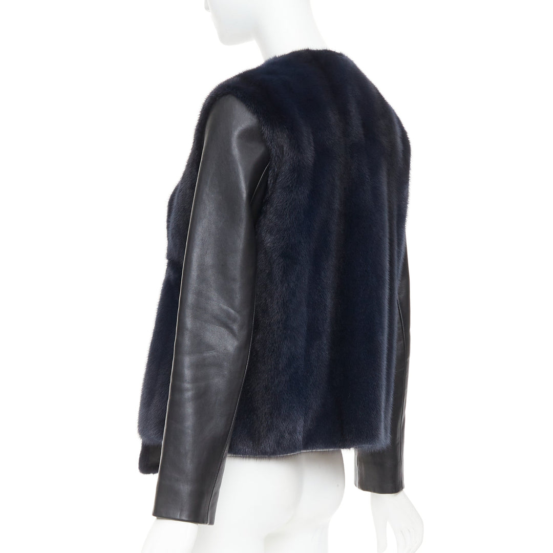 CHRISTIAN DIOR navy natural fur black soft leather sleeve silk lined jacket