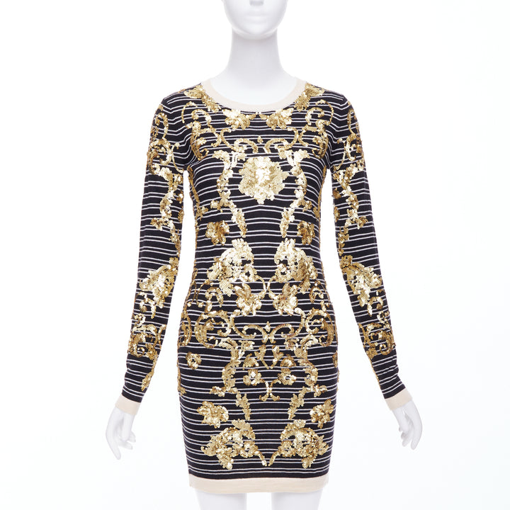 MARKUS LUPFER gold sequins black 100% merino wool striped sweater dress S