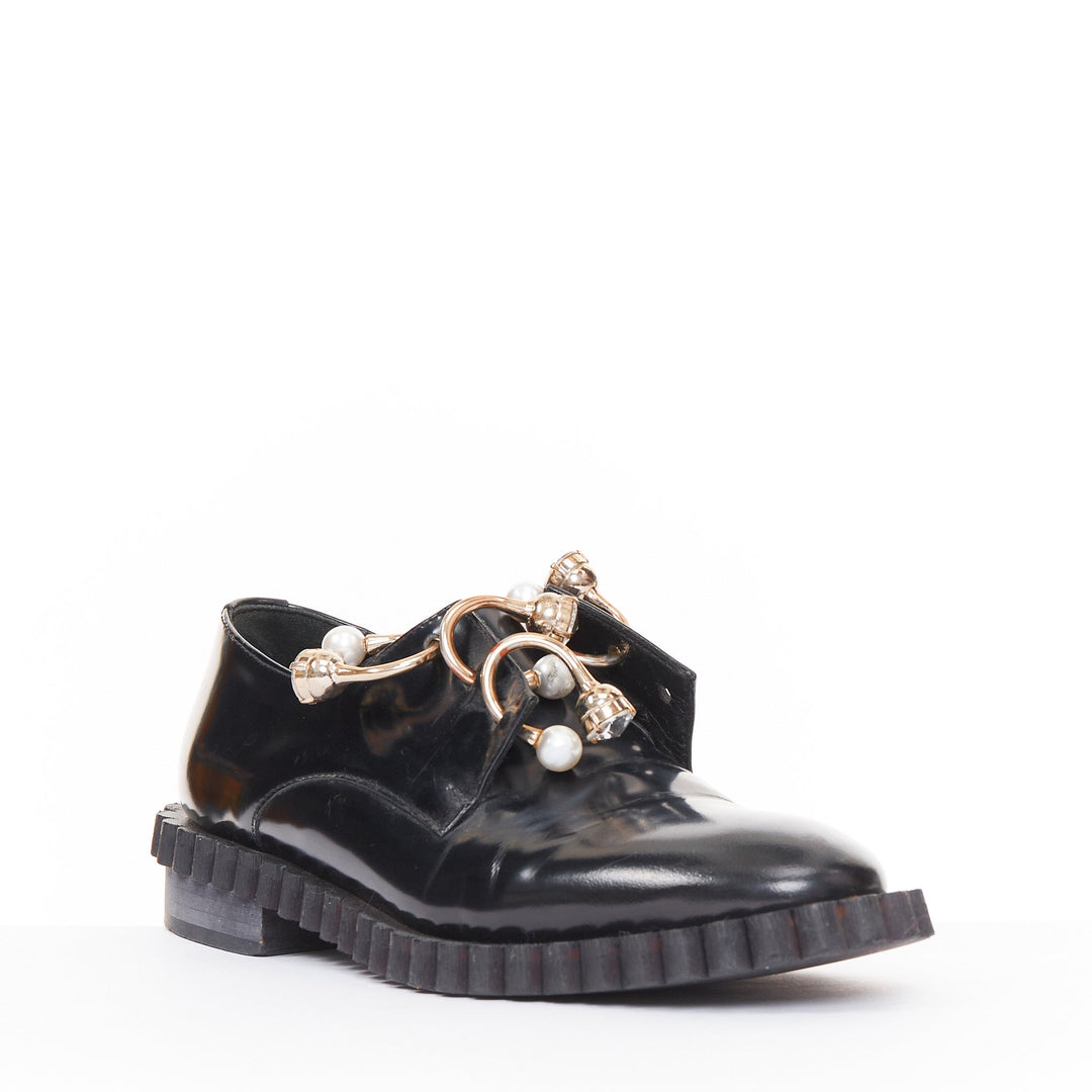 COLIAC Fernanda black pierced leather pearl bar charm dress shoes EU37