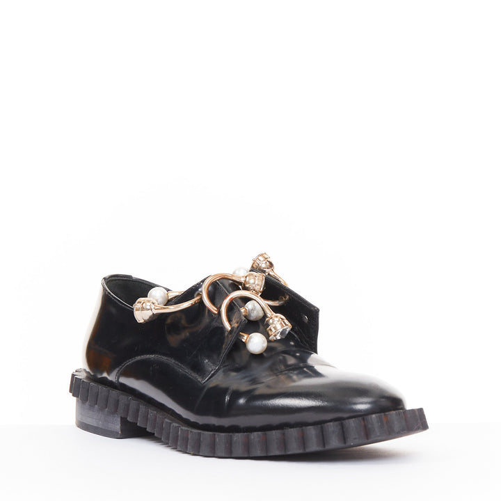 COLIAC Fernanda black pierced leather pearl bar charm dress shoes EU37